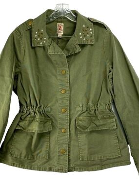 Decreee Olive Green Utility Jacket with Studded Collar Size XL